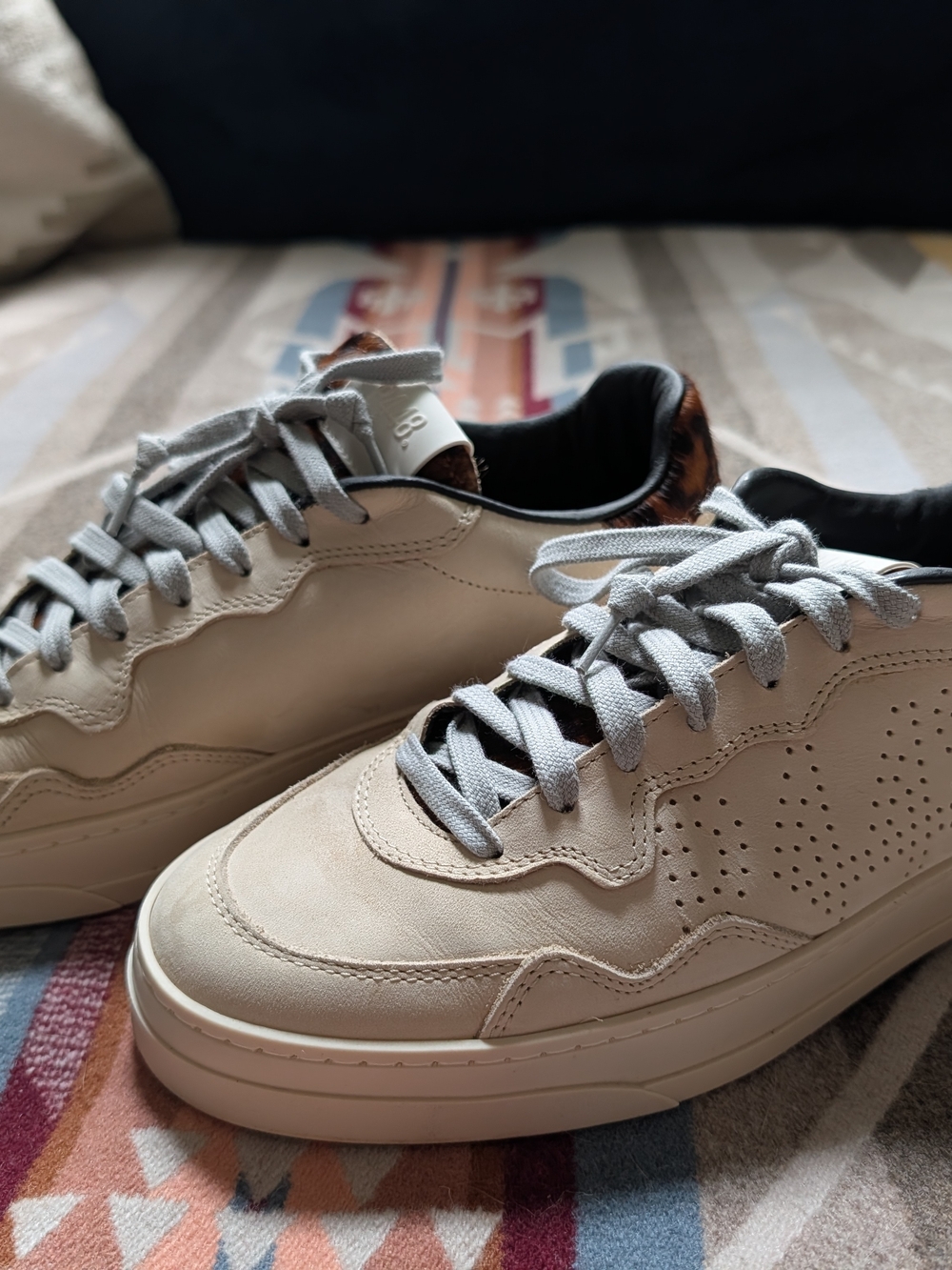 P448 Casual Low-Top Bali Sneakers in Cream with Leopard Print Accent, Gray Laces